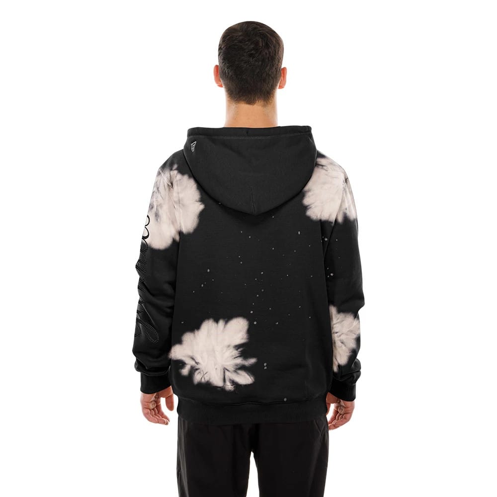 New Era New York Yankees MLB Bleach Out Black Pullover Hoodie, rear view showing the black fabric with bleach out patterns across the back and sleeves, a small embroidered logo on the hood and long sleeves with patterns.