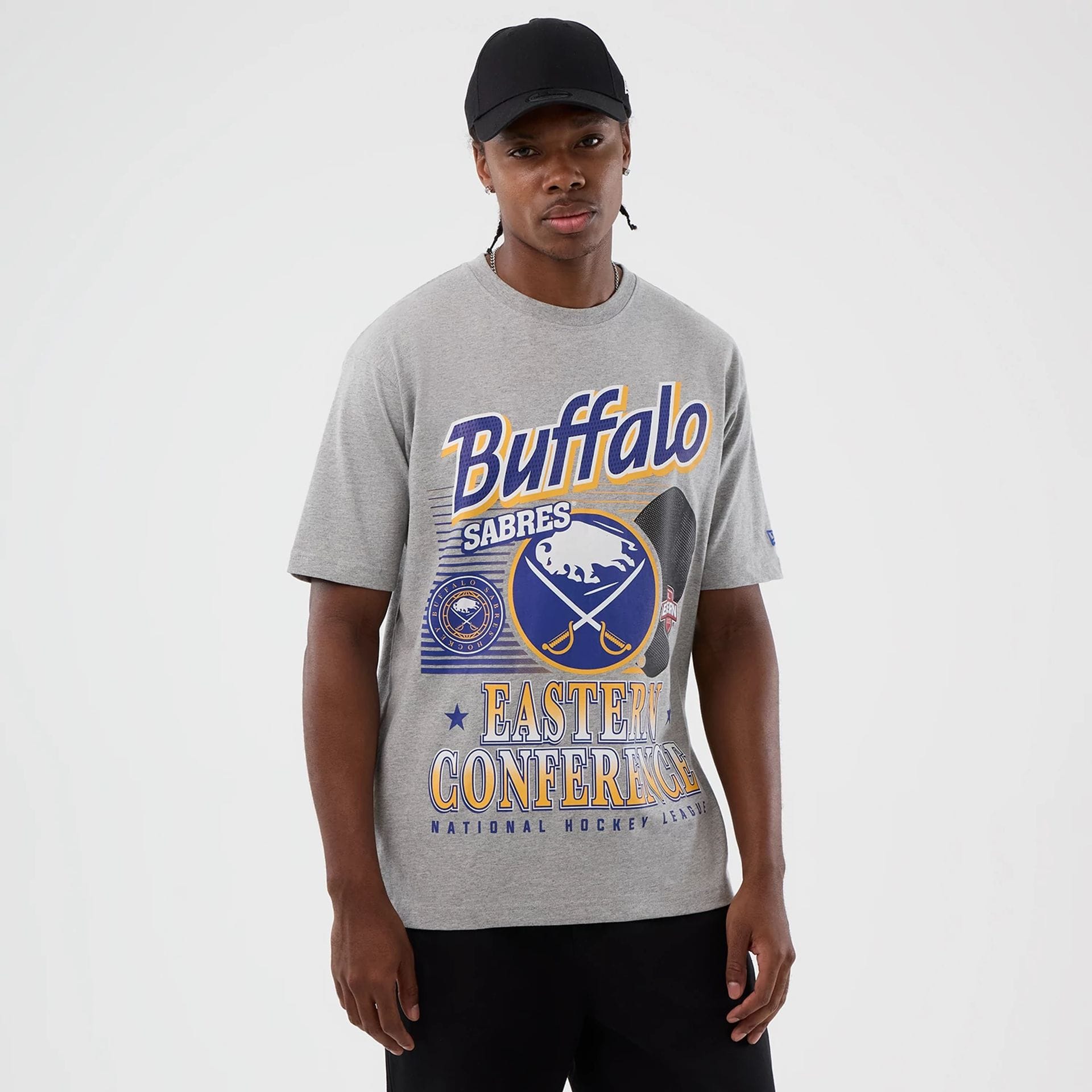 The Male model is wearing Buffalo Sabres NHL Sport Classic Grey T-Shirt 1