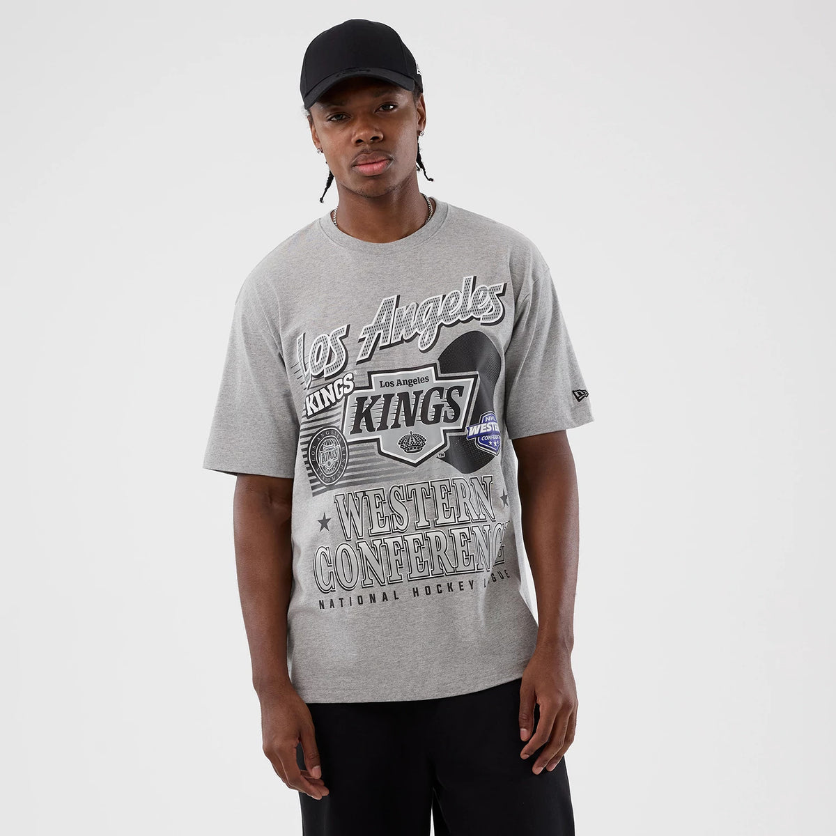New Era LA Kings NHL Sport Classic Grey T-Shirt, front view featuring bold printed graphics of the Los Angeles Kings logo across the chest with a small New Era logo embroidered on the left sleeve.