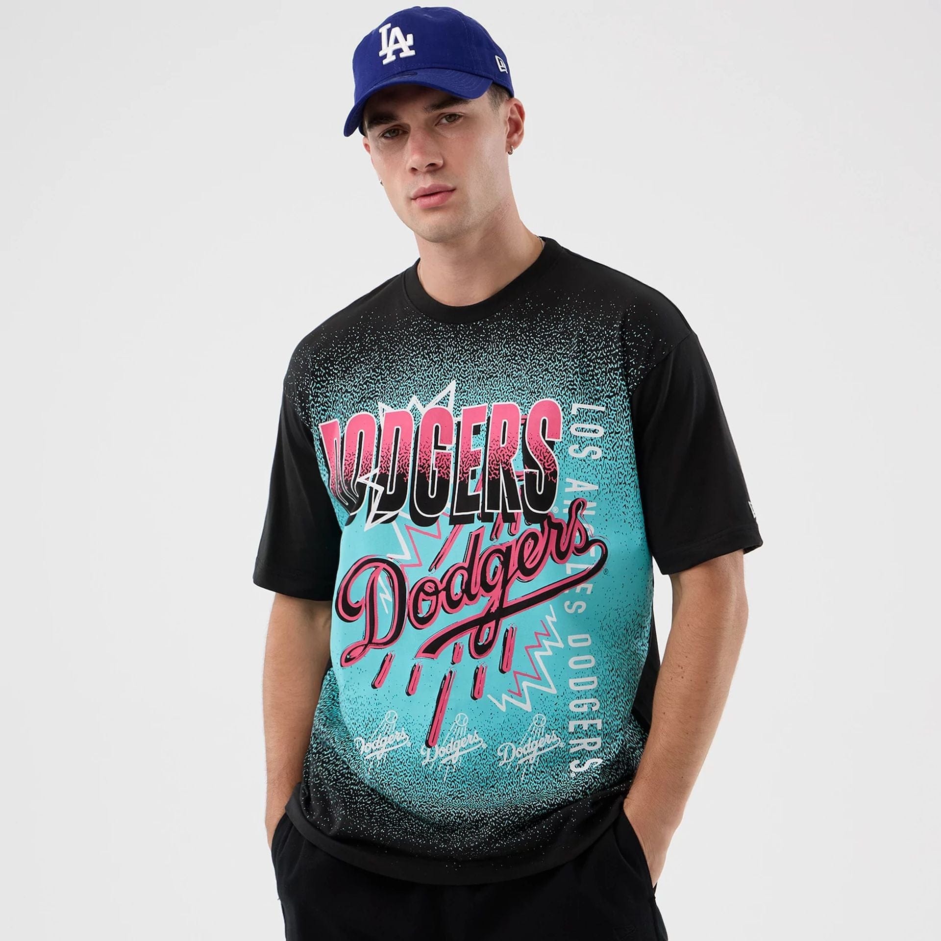 The Male model is wearing LA Dodgers Life Graphic Black T-Shirt 1