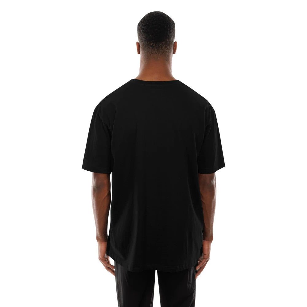 New Era It Life Graphic Black T-Shirt, rear view showing a plain black T-shirt with short sleeves, worn by a model, displaying a straight hem and relaxed fit across the shoulders and back.