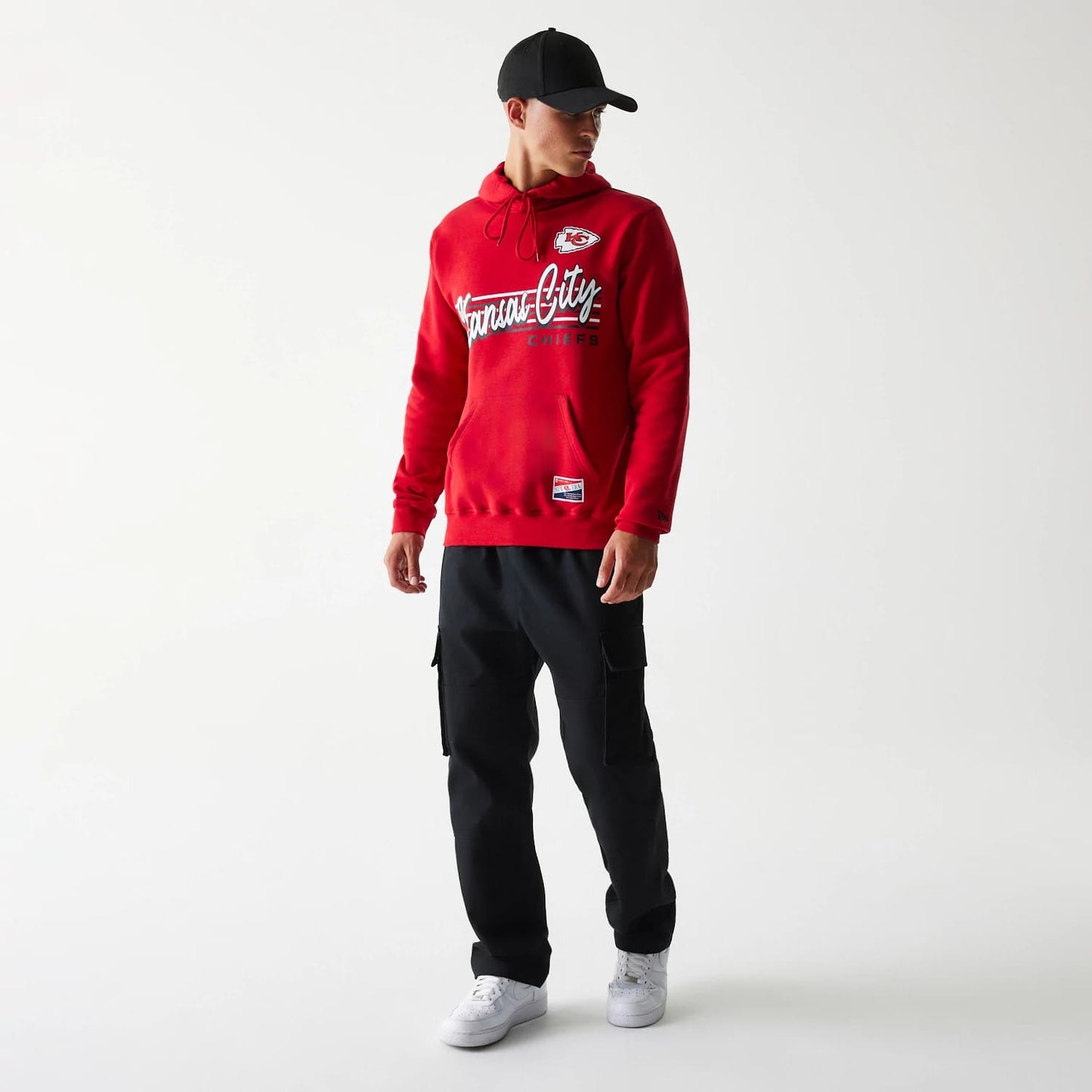 The Male model is wearing Kansas City Chiefs NFL Throwback Red Pullover Hoodie 6
