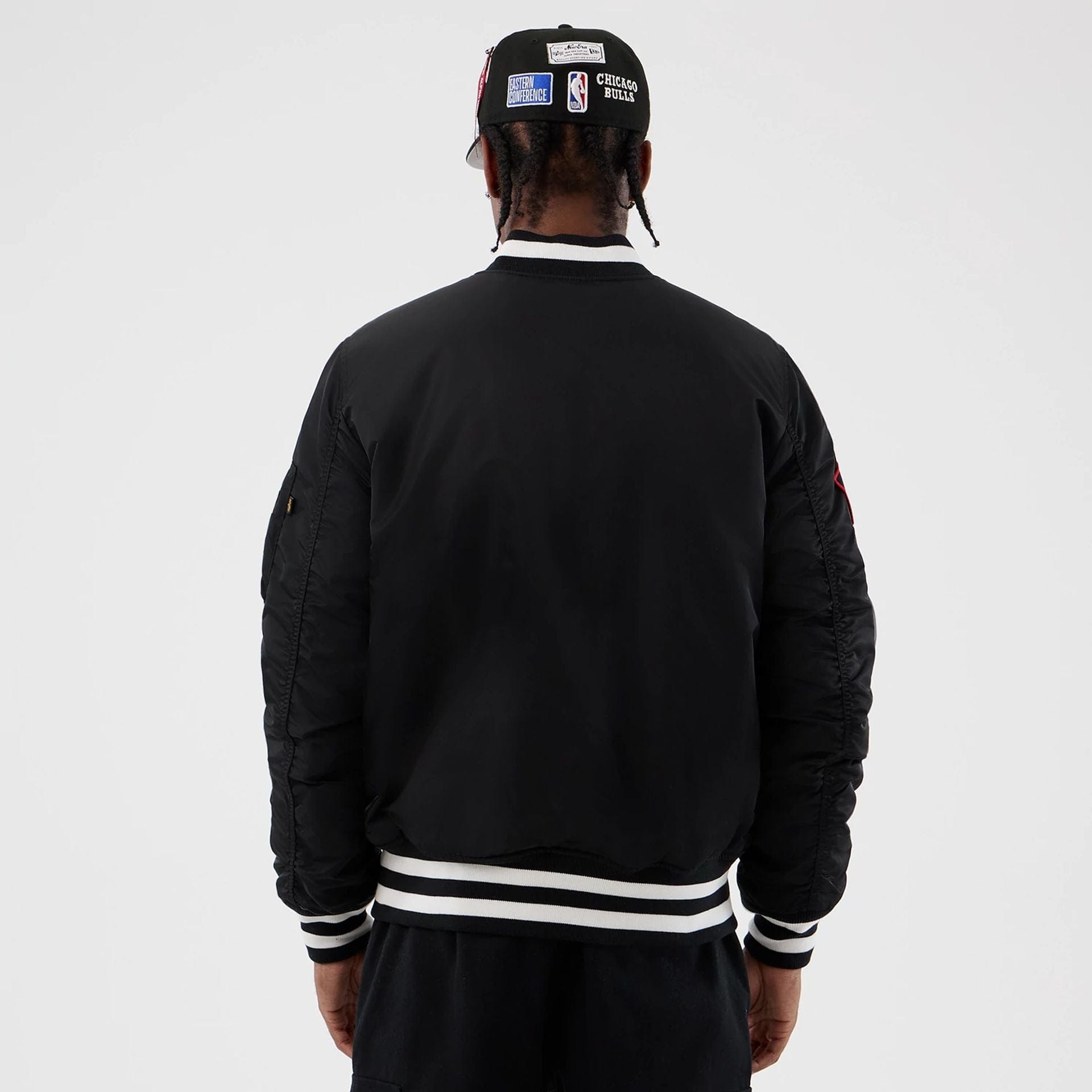 The Male model is wearing Chicago Bulls NBA x Alpha Black Jacket 2