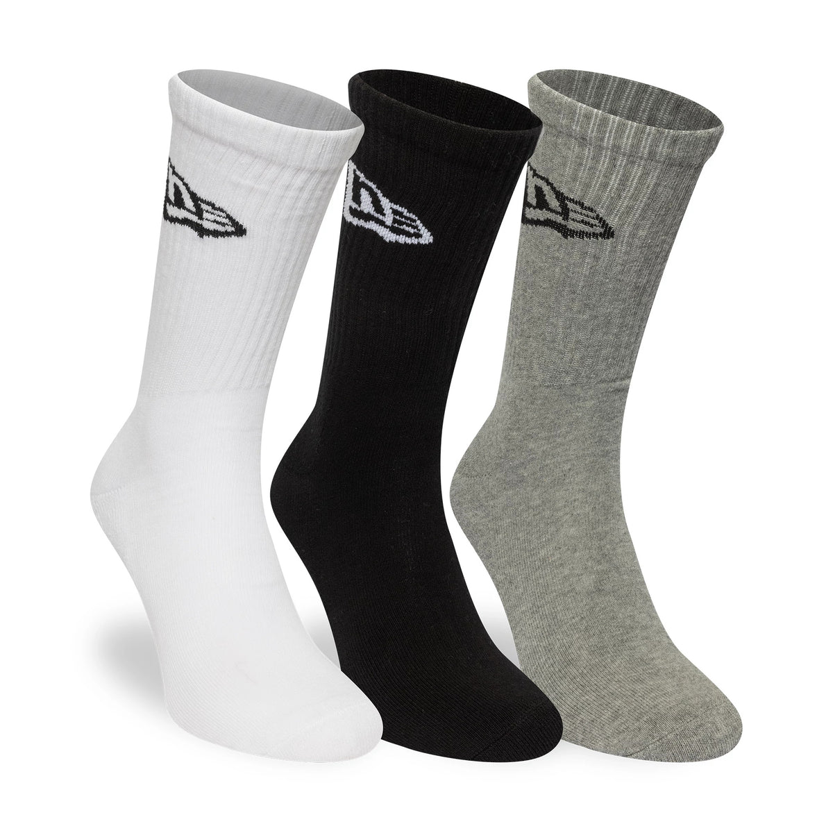 New Era Flag Multi Monochrome 3 Pack Crew Socks, front view showing three pairs of socks in white, black, and grey with a raised New Era logo in black on the side of the upper section of each sock.