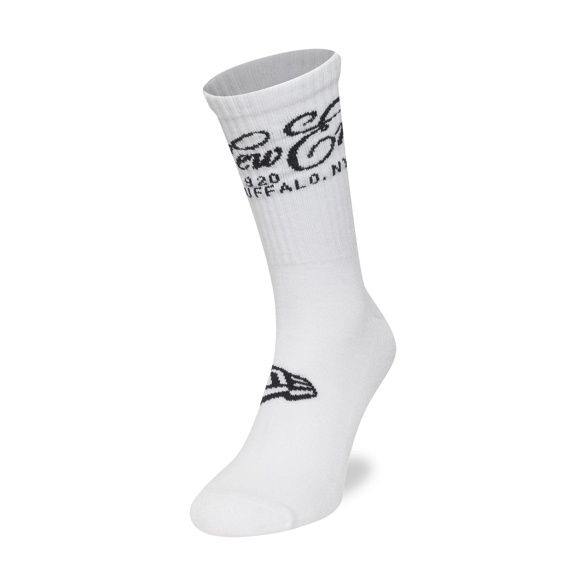 This is a New Era Script White Crew Socks 1