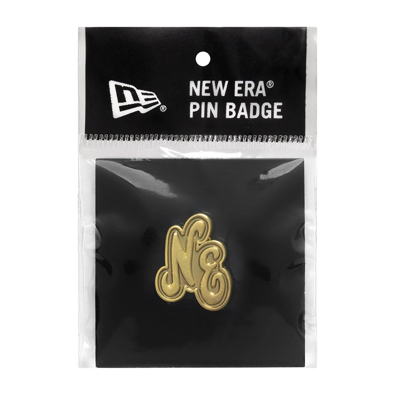 New Era Script Heritage Connect Gold Pin Badge, front view showing a gold embossed NE logo with decorative script style on a black card inside clear packaging, with the New Era logo printed at the top on a black header.