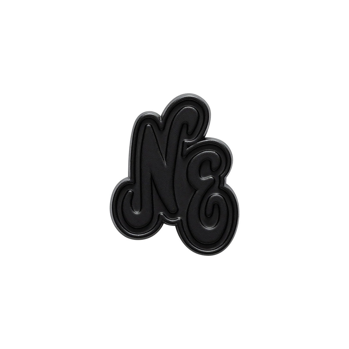 New Era Script Heritage Connect Black Pin Badge, front view showing a raised black script logo with the letters NE intricately styled and joined together, highlighting the pin's unique artistic design.