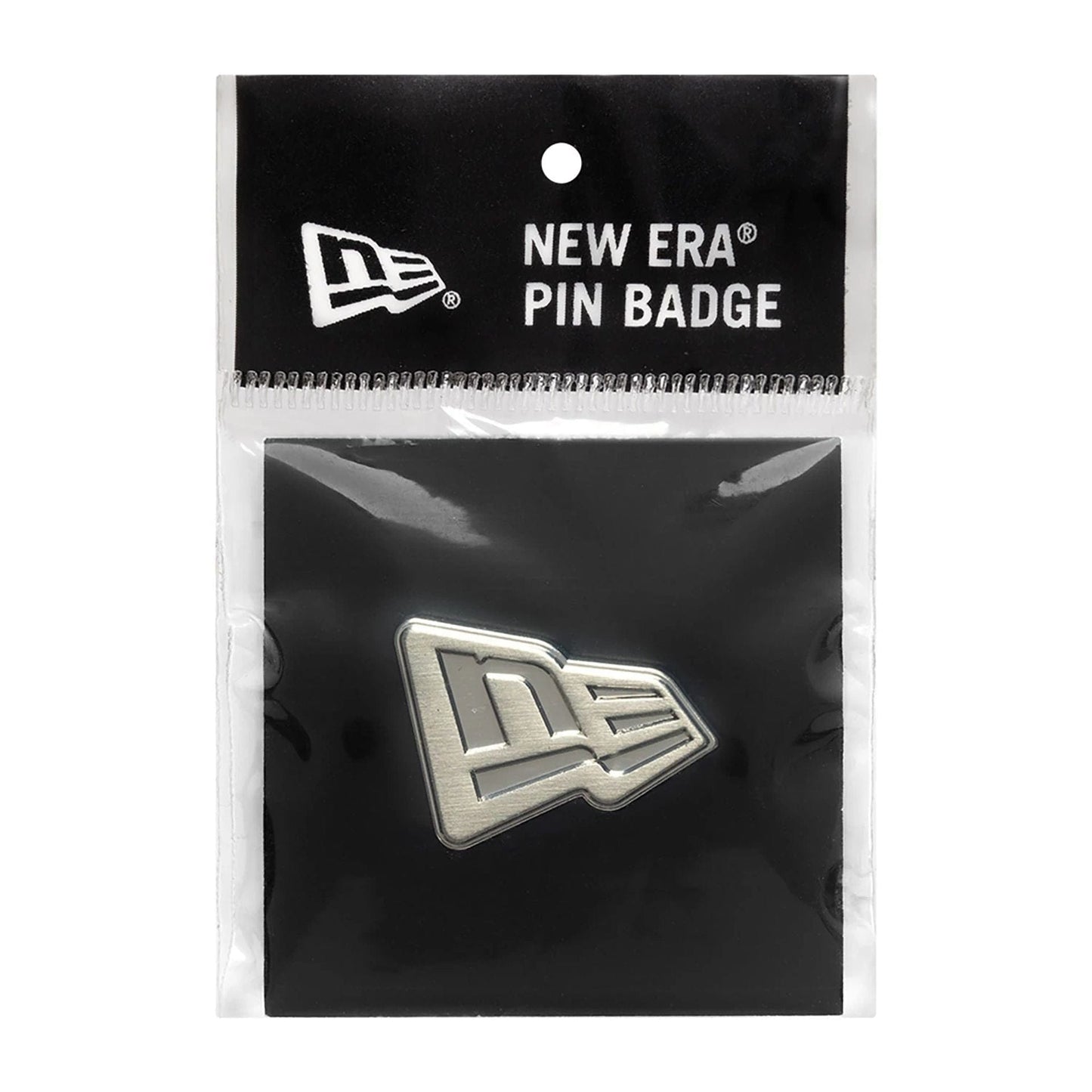 New Era Flag SIlver Pin Badge, front view showing a silver embossed logo centred on a black backing card, enclosed in clear packaging with a black header and white text in the top right corner.