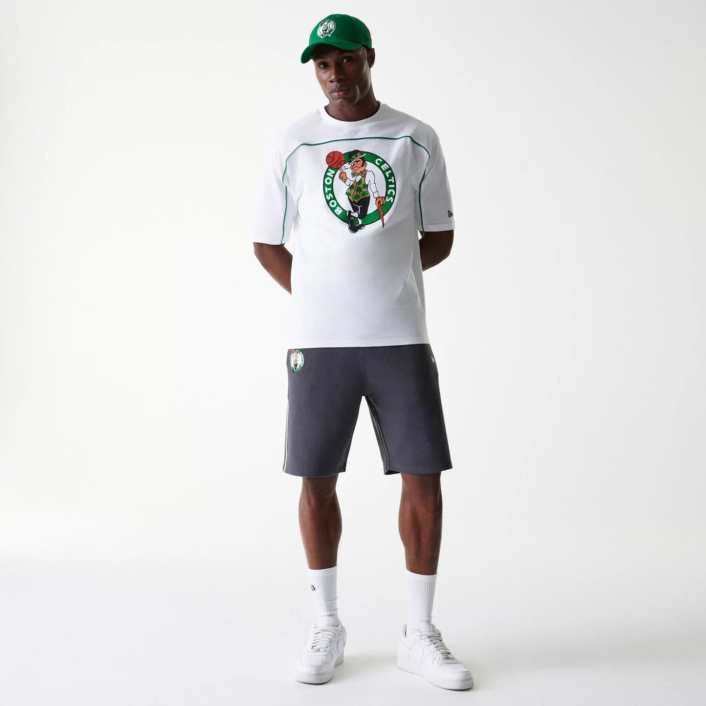 The Male model is wearing Boston Celtics NBA Piping White Oversized T-Shirt 8