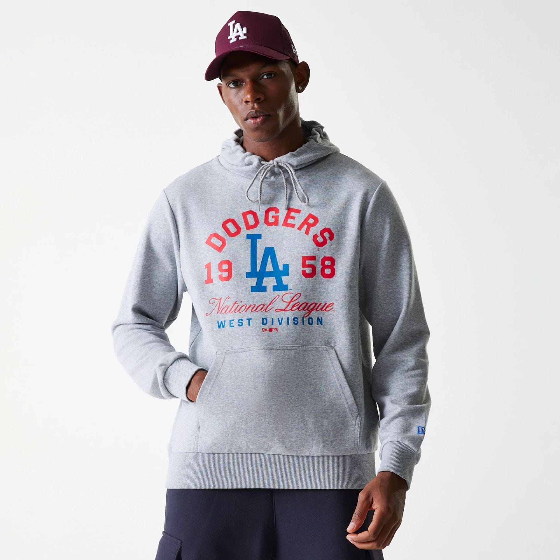 The Male model is wearing LA Dodgers MLB Wordmark Grey Pullover Hoodie 1