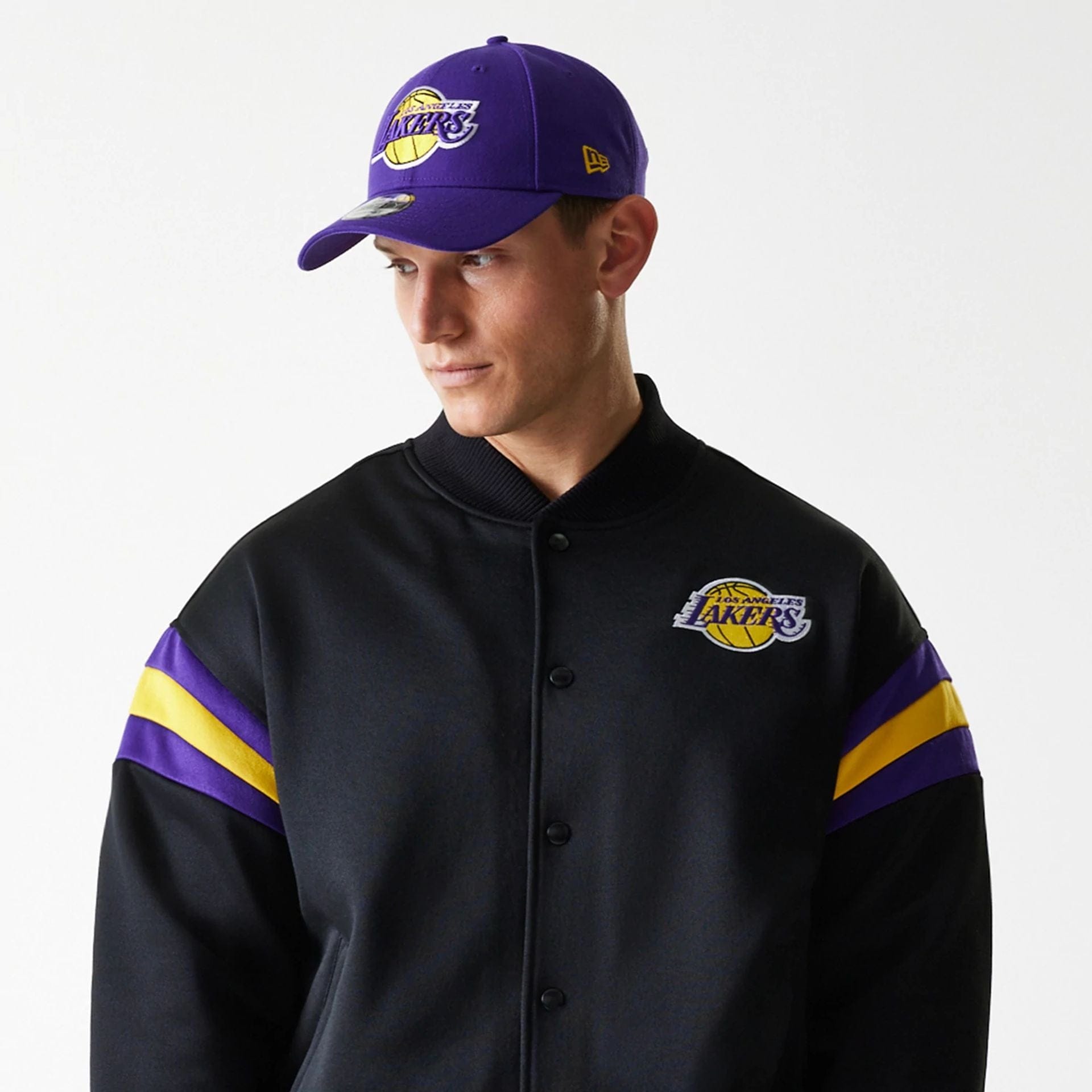 The Male model is wearing LA Lakers NBA Panel Black Bomber Jacket 2
