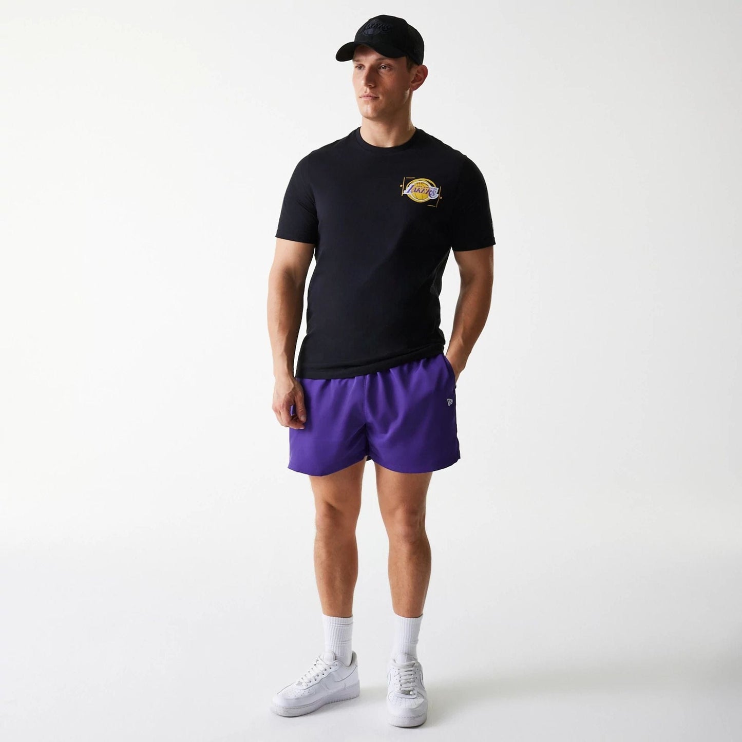 The Male model is wearing LA Lakers NBA Photographic Print Black T-Shirt 8