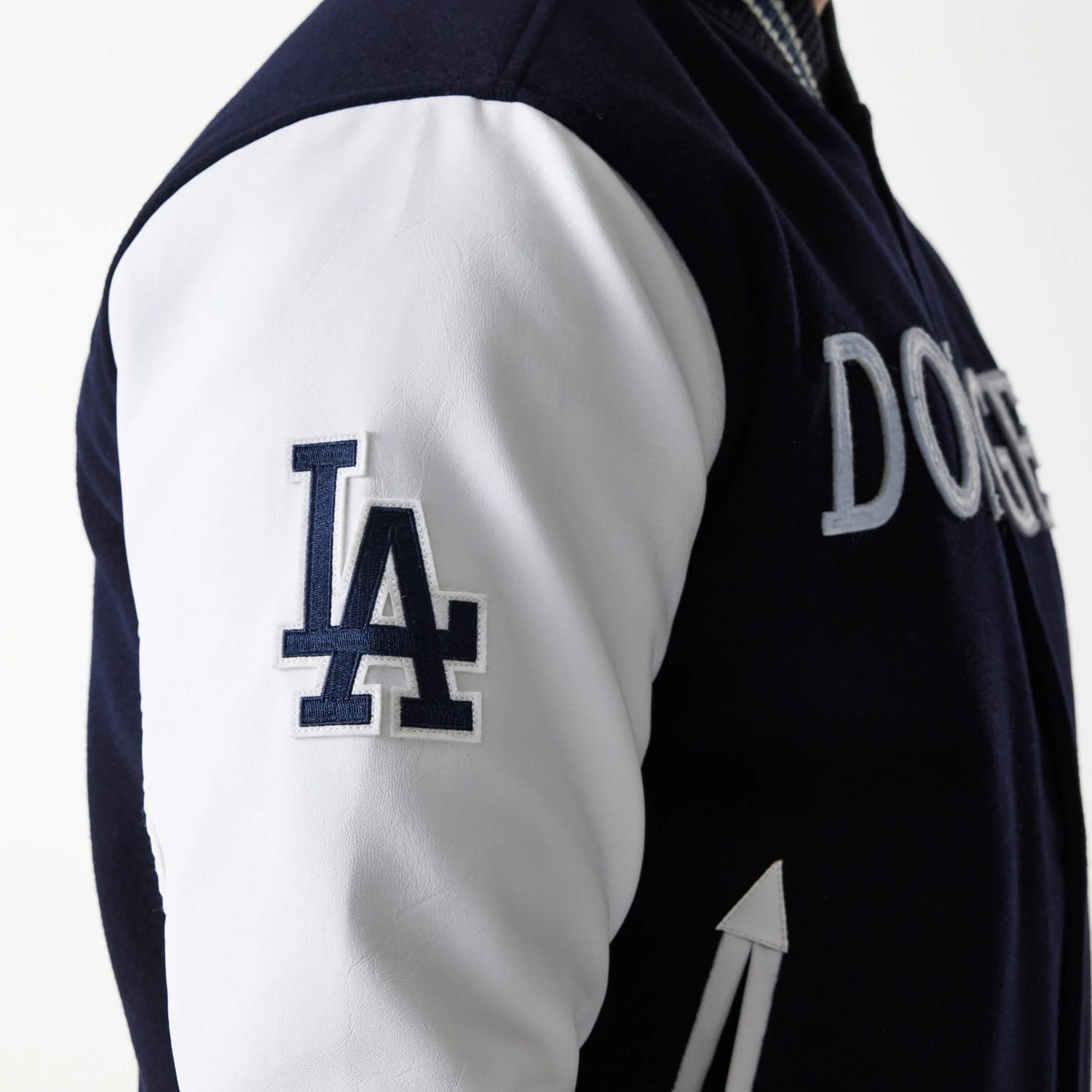 The Male model is wearing LA Dodgers MLB Wordmark Navy Varsity Jacket 4