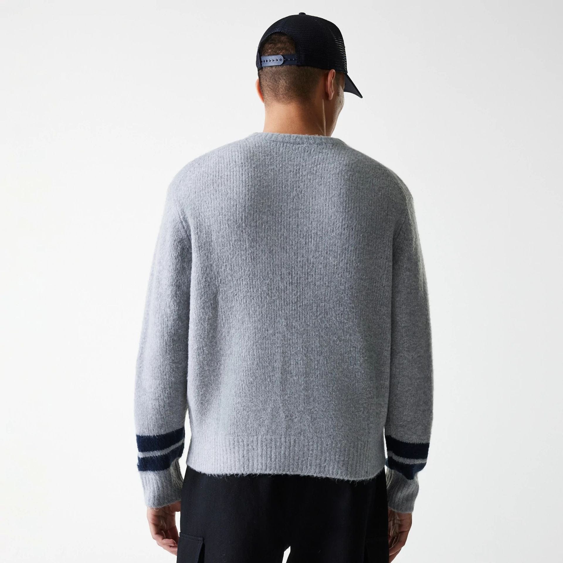 The Male model is wearing New York Yankees MLB Knit Grey Oversized Knit Sweater 2