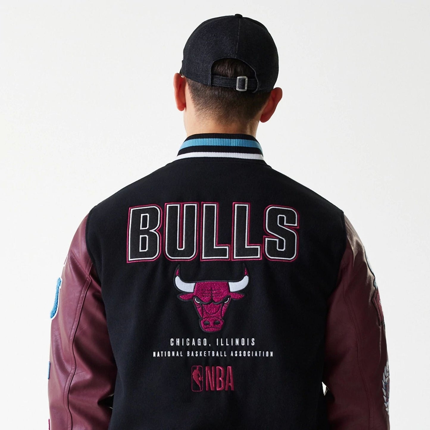 The Male model is wearing Chicago Bulls NBA Patch Black Varsity Jacket 7