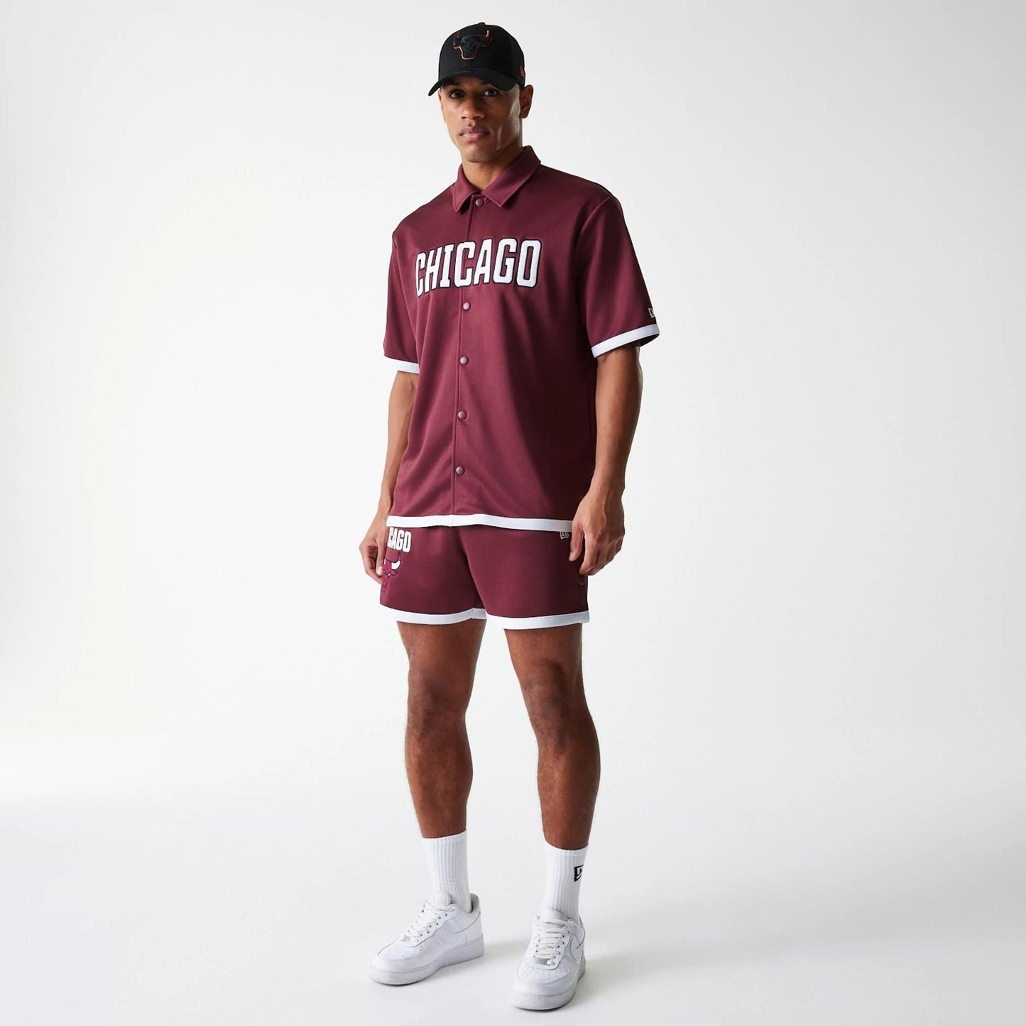 The Male model is wearing Chicago Bulls NBA Snap Button Dark Red Short Sleeve Shirt 8