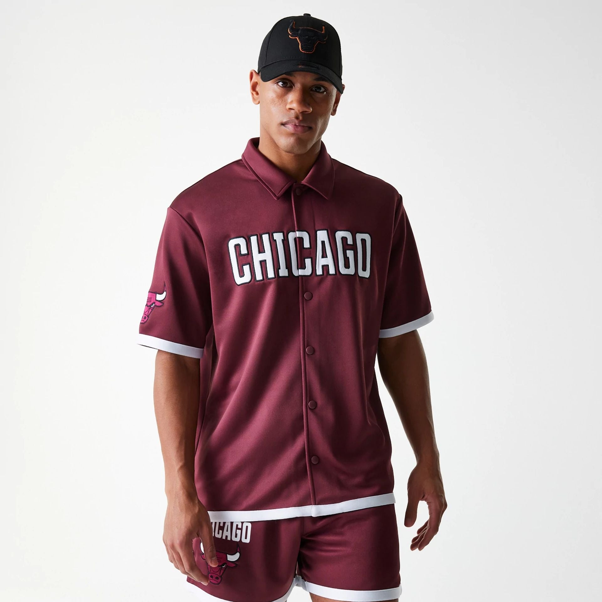 The Male model is wearing Chicago Bulls NBA Snap Button Dark Red Short Sleeve Shirt 1