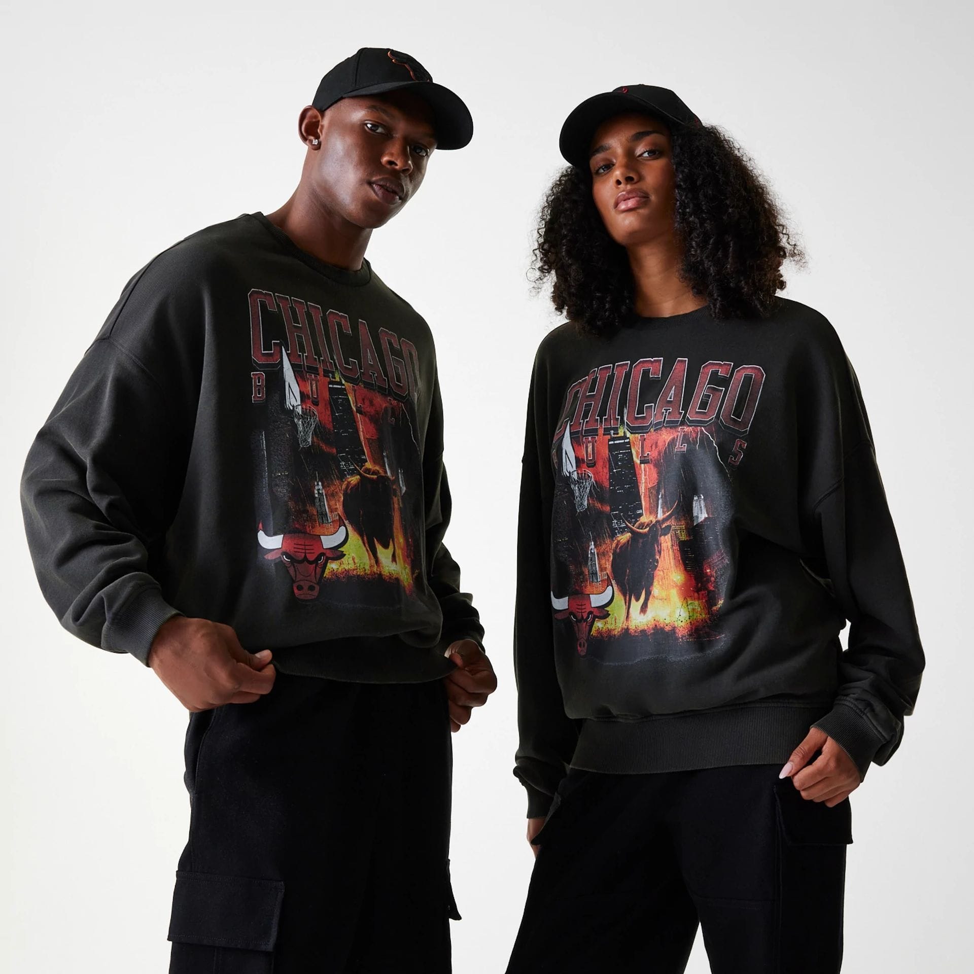 The Male model is wearing Chicago Bulls NBA Washed Graphic Grey Oversized Crew Neck Sweater 1