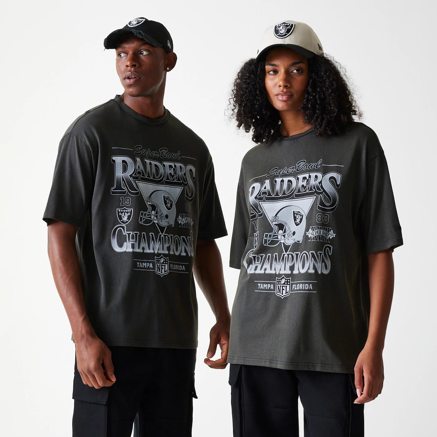 The Male model is wearing Las Vegas Raiders NFL Washed Super Bowl Grey Oversized T-Shirt 1