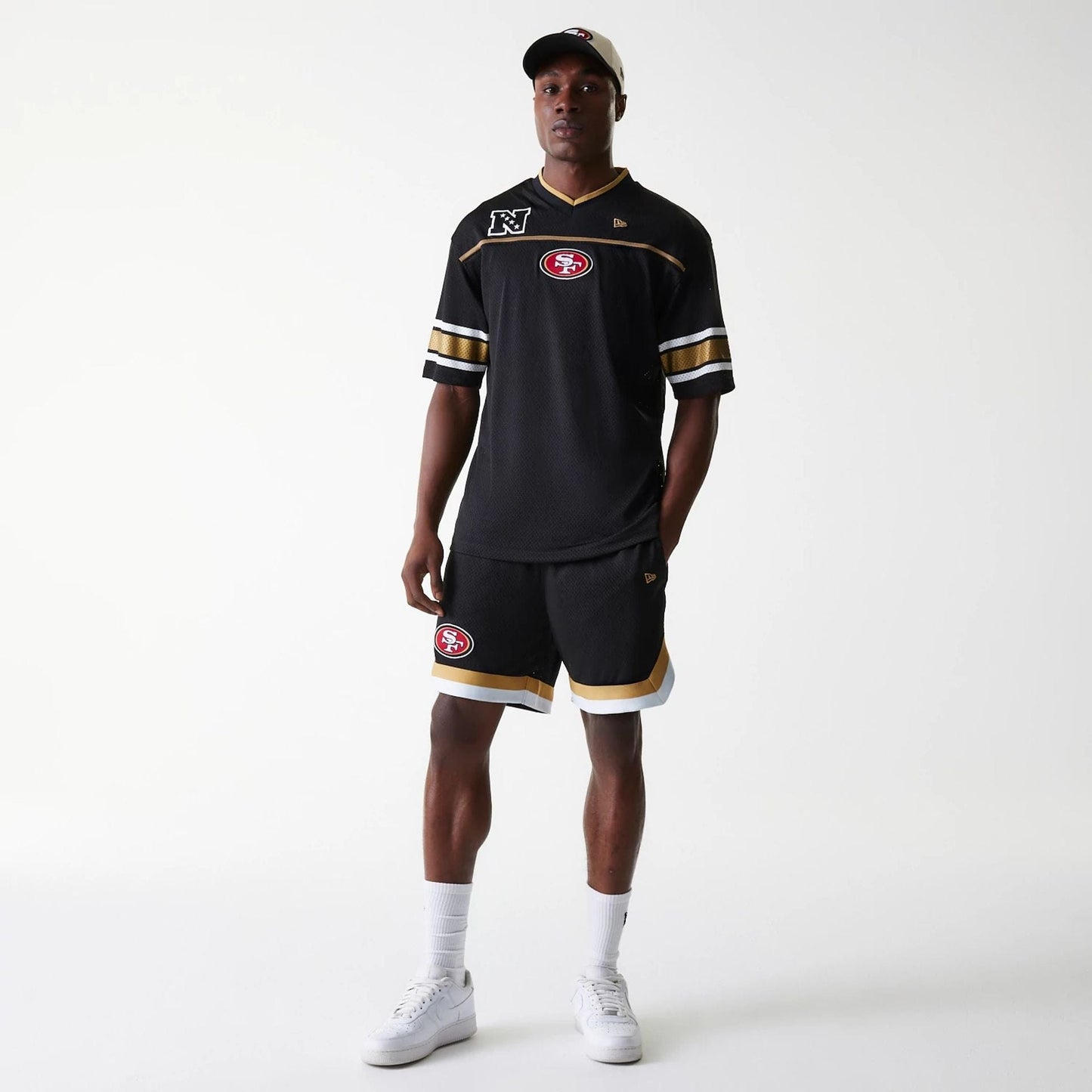 The Male model is wearing San Francisco 49ers NFL Mesh Black Jersey 8