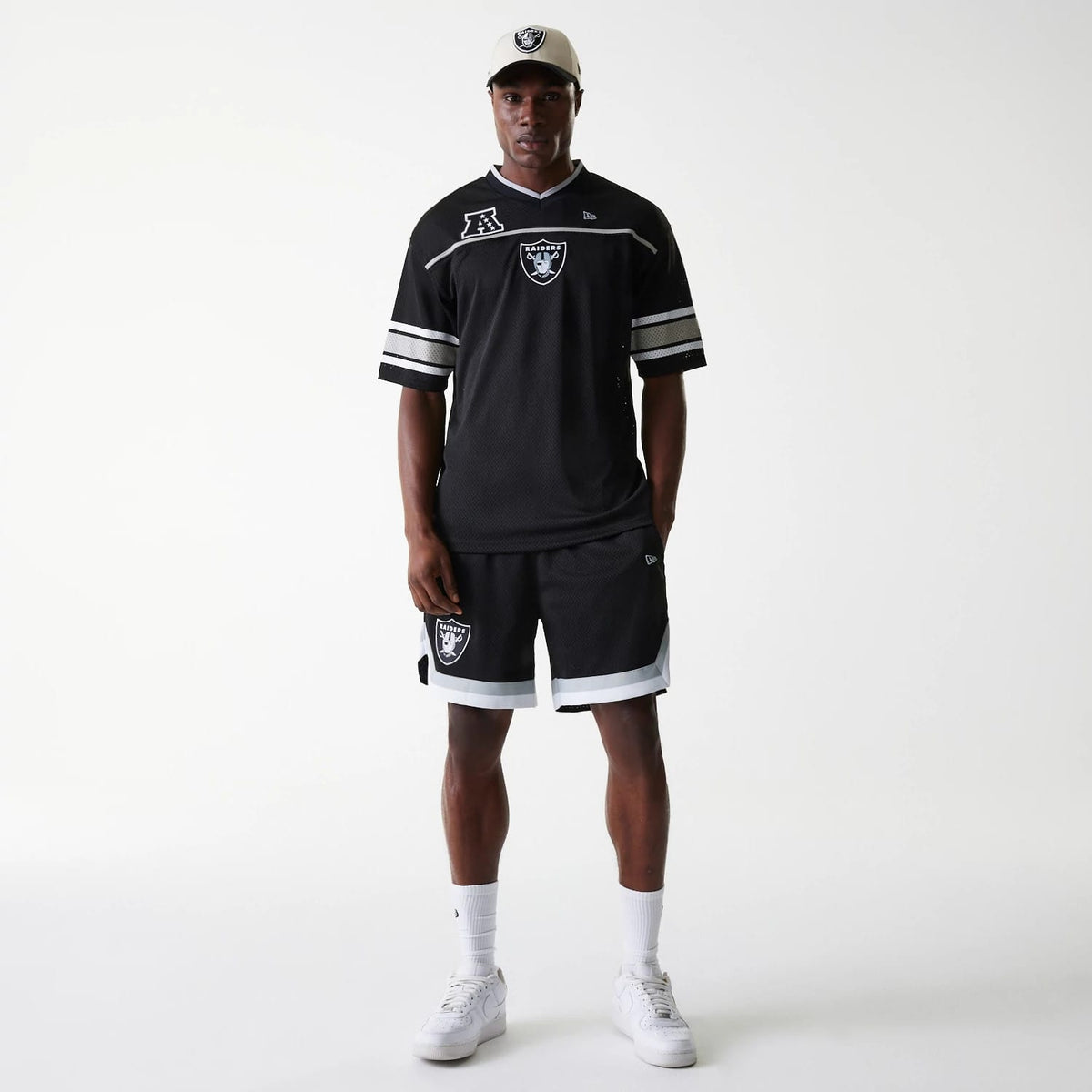 The Male model is wearing Las Vegas Raiders NFL Mesh Black Jersey 8