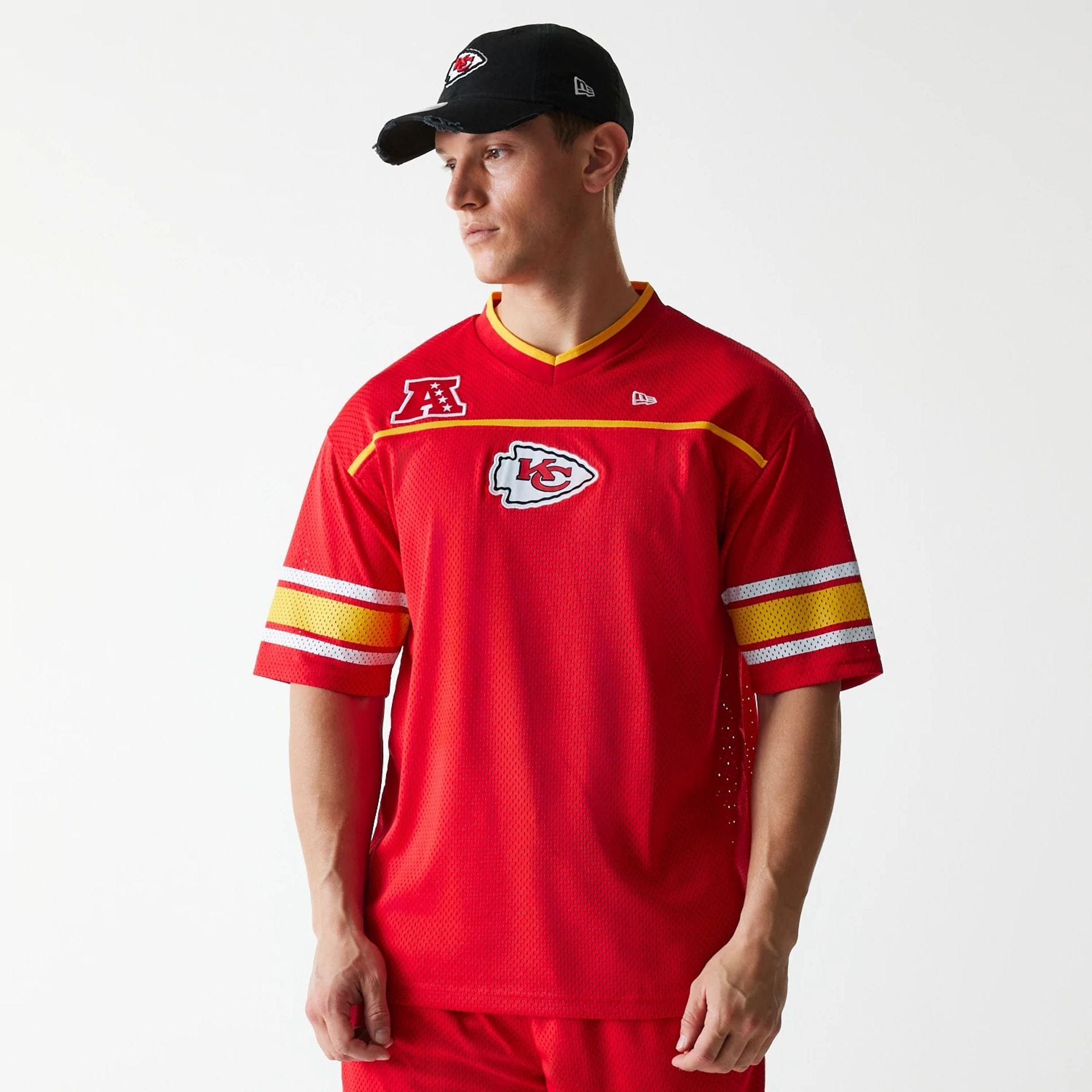 The Male model is wearing Kansas City Chiefs NFL Mesh Red Jersey 1