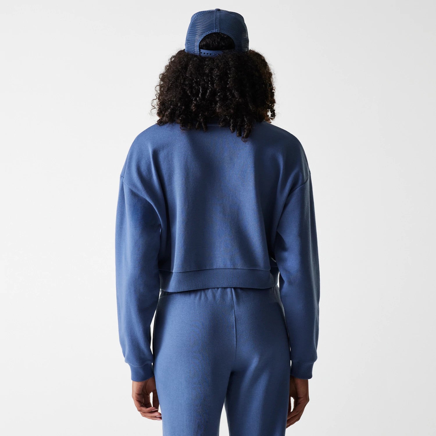 The Female model is wearing LA Dodgers Womens MLB Midi League Essential Dark Blue Cropped Crew Neck Sweater 2