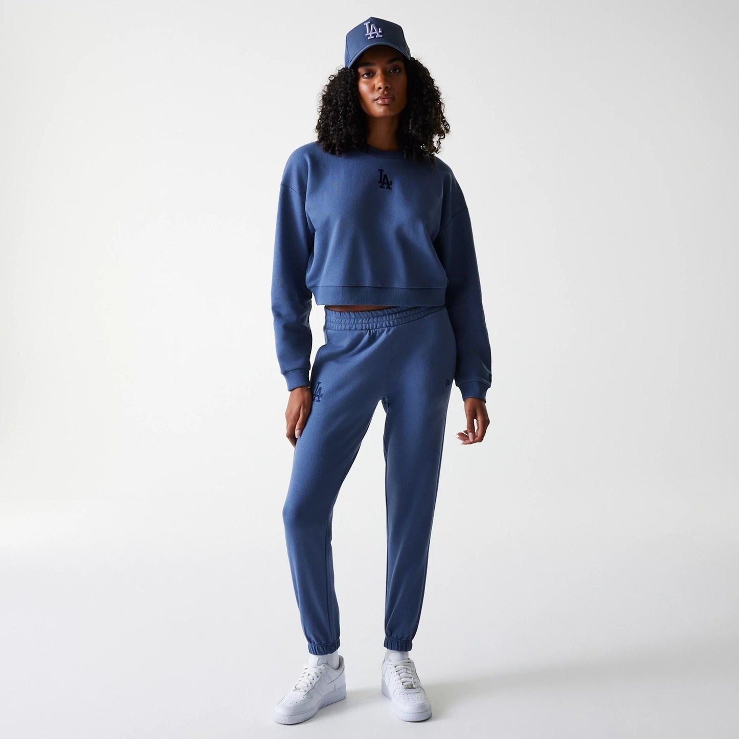 The Female model is wearing LA Dodgers Womens MLB Midi League Essential Dark Blue Cropped Crew Neck Sweater 8