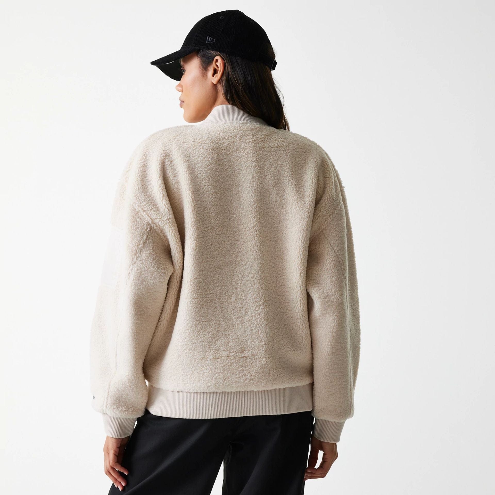 The Female model is wearing New York Yankees Womens MLB Light Beige Oversized Sherpa Bomber Jacket 2