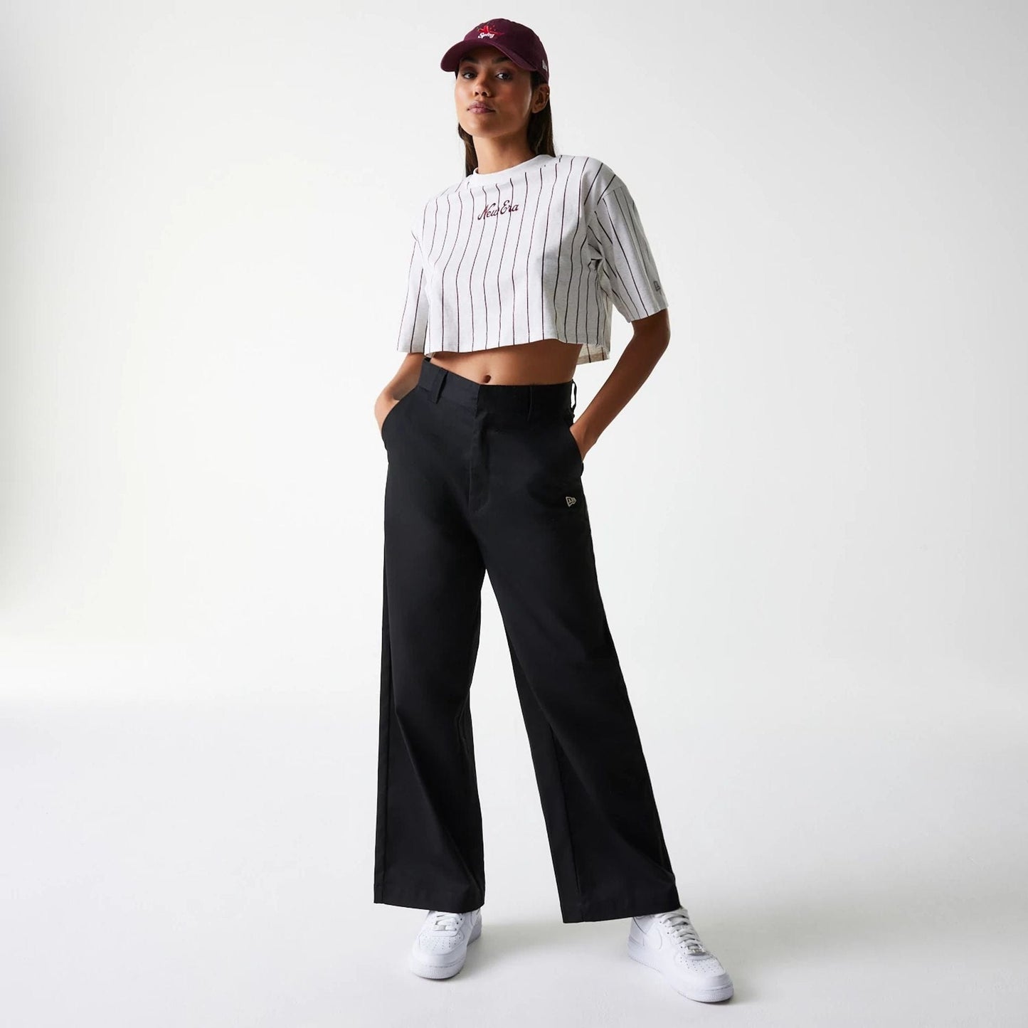 The Female model is wearing Womens New Era Pinstripe Pastel Grey Crop T-Shirt 8