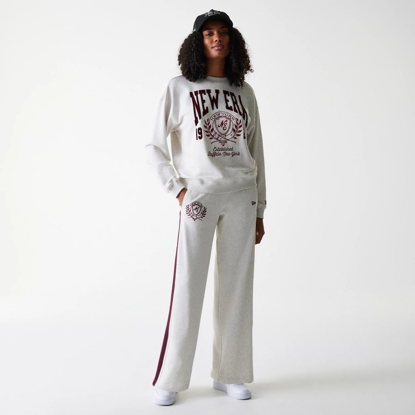 The Female model is wearing Womens New Era Pastel Grey Straight Leg Joggers 8