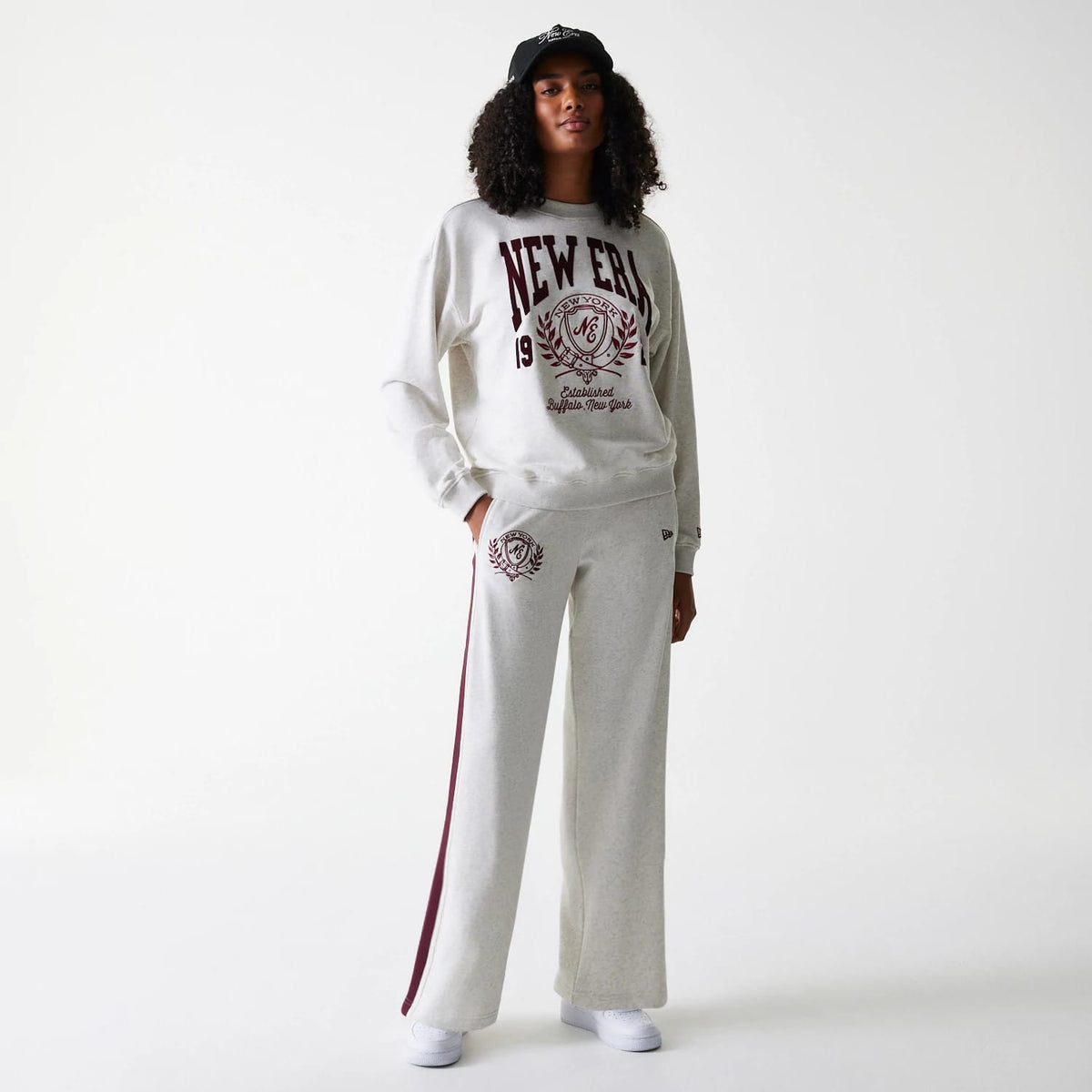 The Female model is wearing Womens New Era Pastel Grey Straight Leg Joggers 8