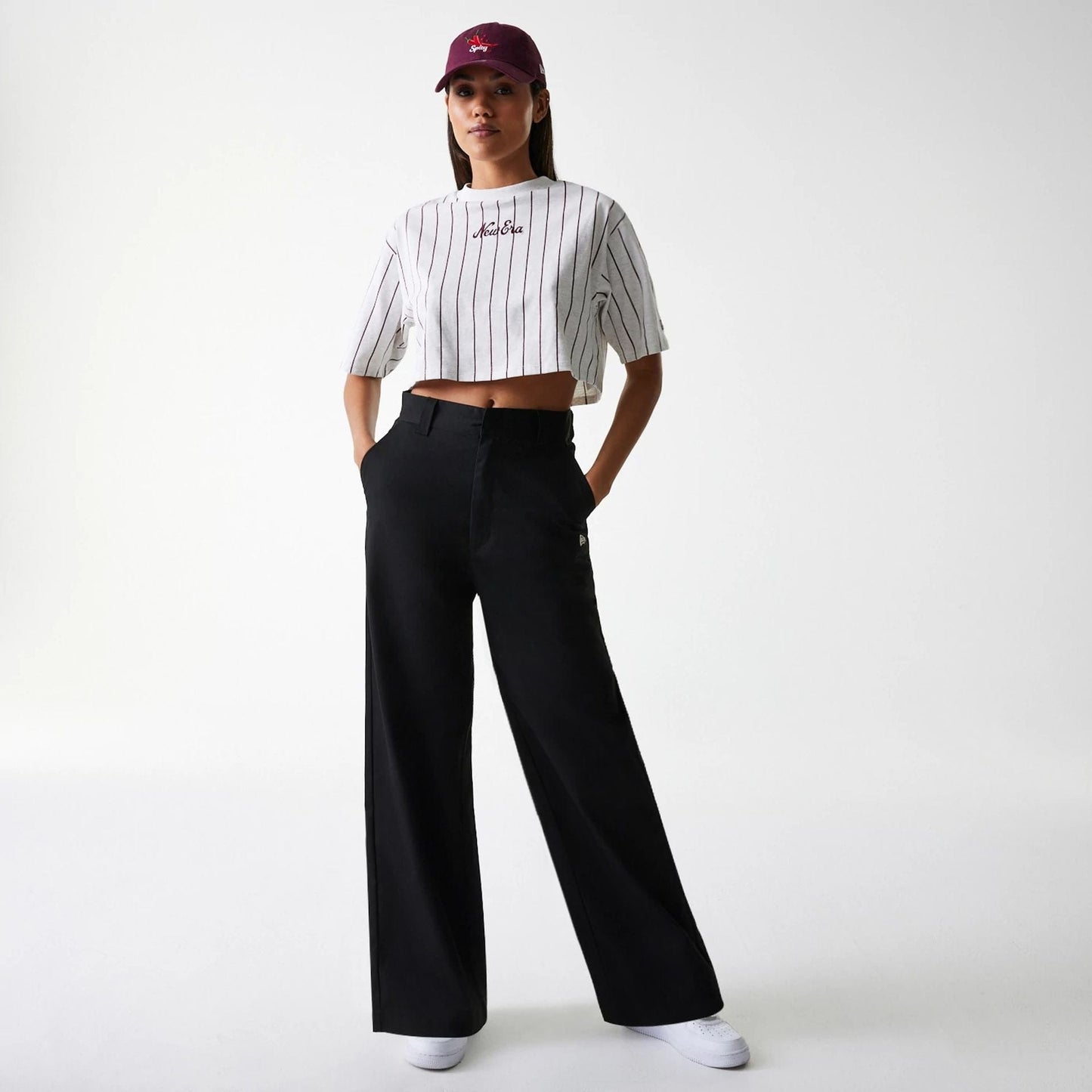The Female model is wearing Womens New Era Black Wide Leg Chino Trousers 8