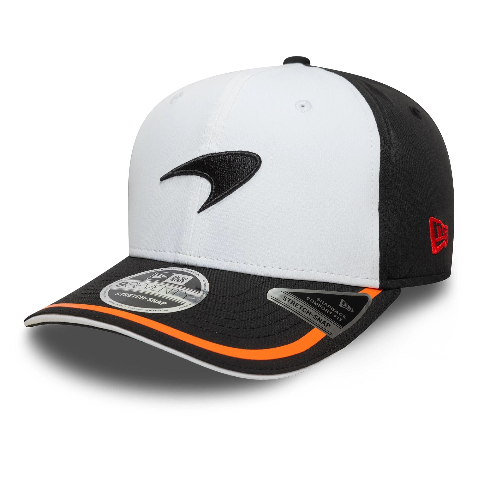 This is a McLaren Racing Recycled Retro White 9SEVENTY Stretch Snap Adjustable Cap 1