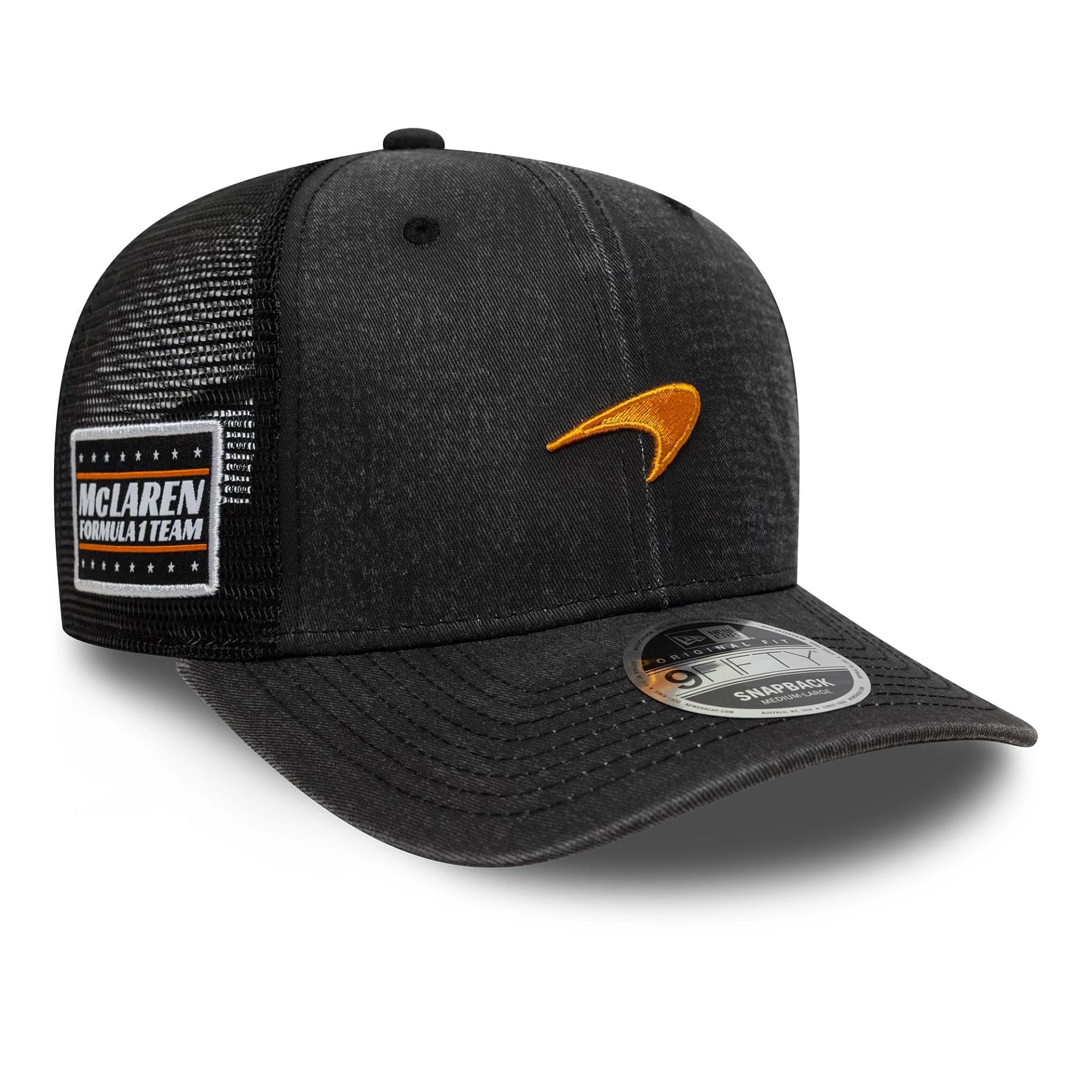 This is a McLaren Racing Washed Black 9FIFTY Original Fit Snapback Adjustable Cap 1