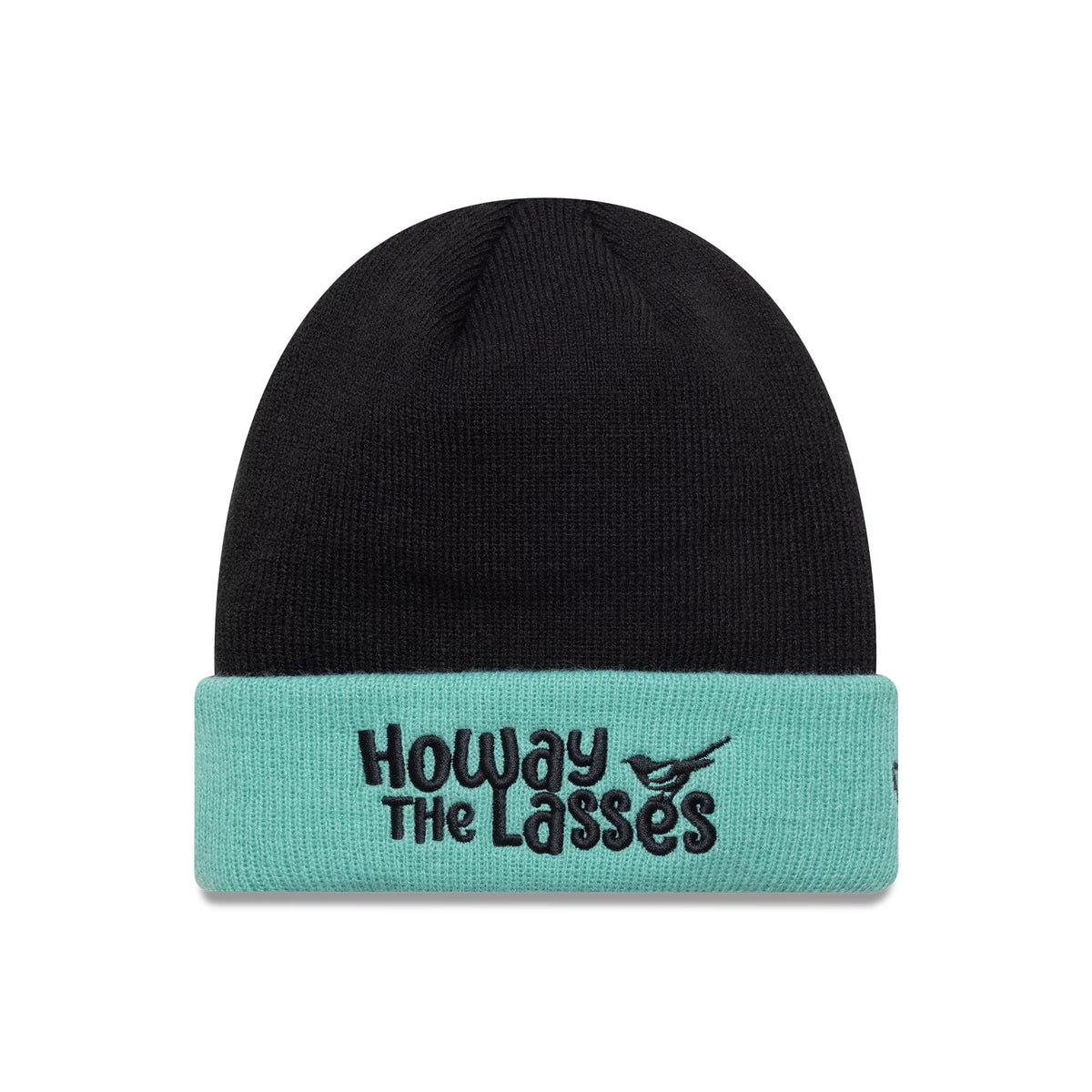 This is a Newcastle United FC Youth Lasses Script Black Cuff Knit Beanie Hat 1