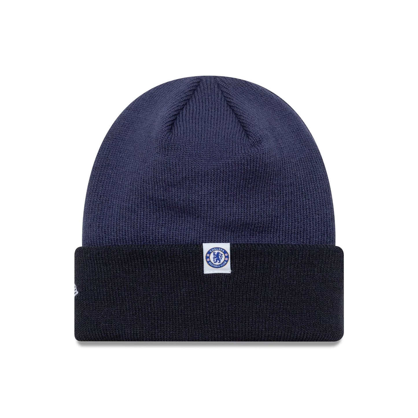 New Era Chelsea FC Lion Crest Youth Wordmark Blue Cuff Knit Beanie Hat, front view showing the embroidered Chelsea lion crest patch centred on the blue cuff and the New Era flag logo on the left side of the folded cuff.
