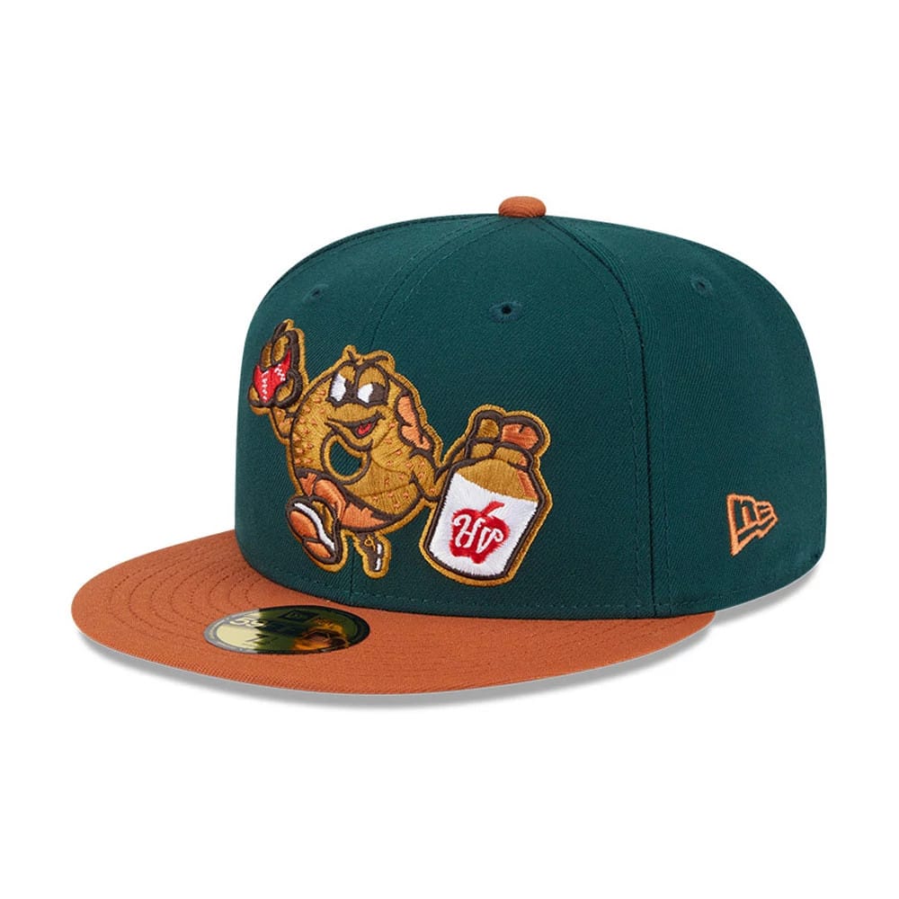 Hudson Valley Renegades MiLB Theme Night Dark Green New Era 59FIFTY Fitted Cap, front view showing a colourful embroidered logo on the green crown, with a brown visor, gold 59FIFTY size sticker and a New Era flag logo on the left side.