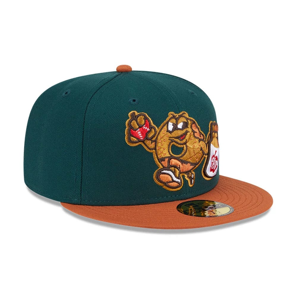 Hudson Valley Renegades MiLB Theme Night Dark Green New Era 59FIFTY Fitted Cap, front view showing the brown embroidered mascot logo on the structured dark green crown, brown flat visor with a gold 59FIFTY size sticker on top.
