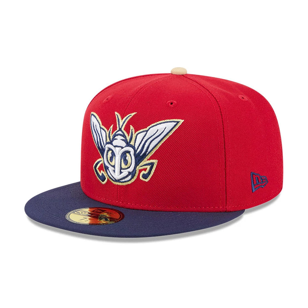 Harrisburg Senators MiLB Theme Night Red New Era 59FIFTY Fitted Cap, front view showing a large embroidered bee logo on the red structured crown, with a contrasting blue visor, blue New Era flag logo on the left side, and gold 59FIFTY size sticker.
