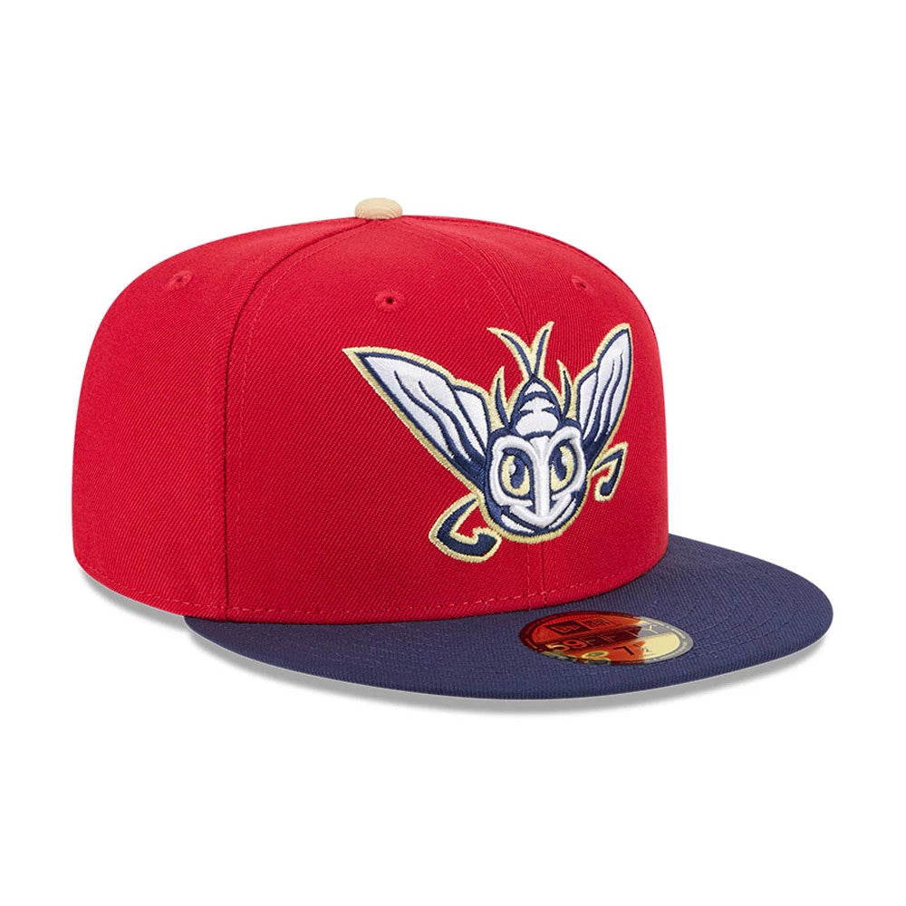 Harrisburg Senators MiLB Theme Night Red New Era 59FIFTY Fitted Cap, front view showing raised embroidered white insect logo on the red front panels, with a dark blue visor and gold 59FIFTY size sticker.