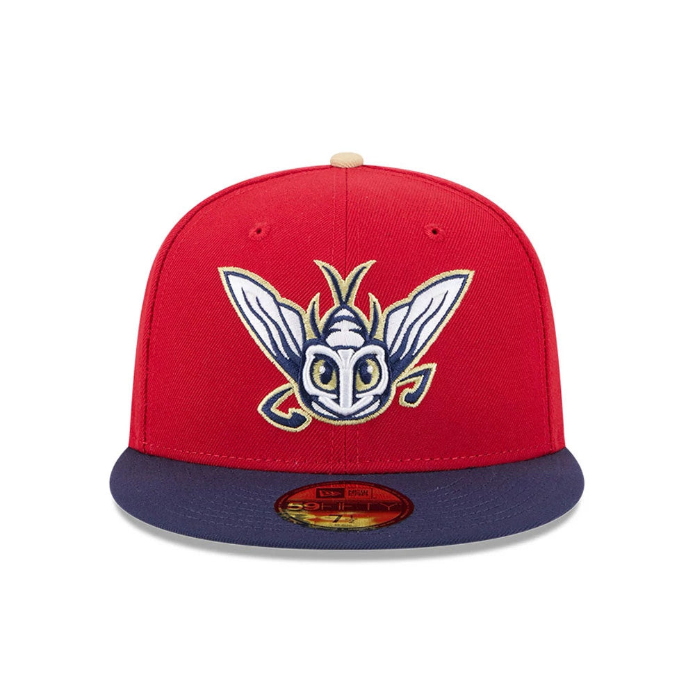 Harrisburg Senators MiLB Theme Night Red New Era 59FIFTY Fitted Cap, front view showing a large, embroidered bee logo on the red crown with a contrasting navy visor and a gold 59FIFTY size sticker on top of the visor.