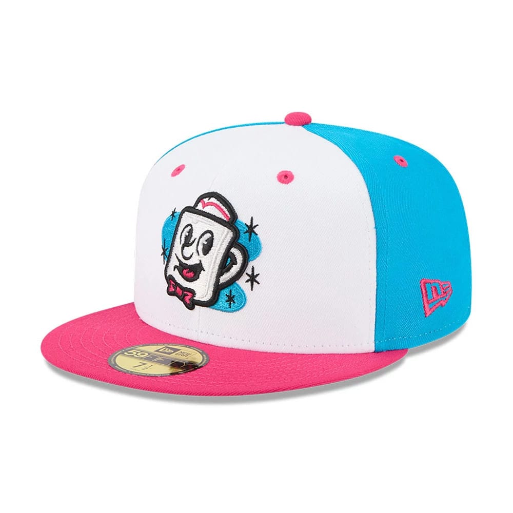 Somerset Patriots MiLB Theme Night Bright Blue New Era 59FIFTY Fitted Cap, front view showing a colourful embroidered cup logo on the white front panel, pink visor with gold 59FIFTY size sticker, and blue side panels with pink New Era flag logo.