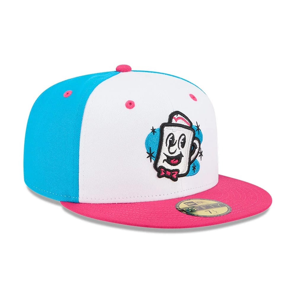 Somerset Patriots MiLB Theme Night Bright Blue New Era 59FIFTY Fitted Cap, three-quarter view showing a smiling cup logo on the front panels with a pink flat visor, pink top button, blue side panels, and gold 59FIFTY size sticker.