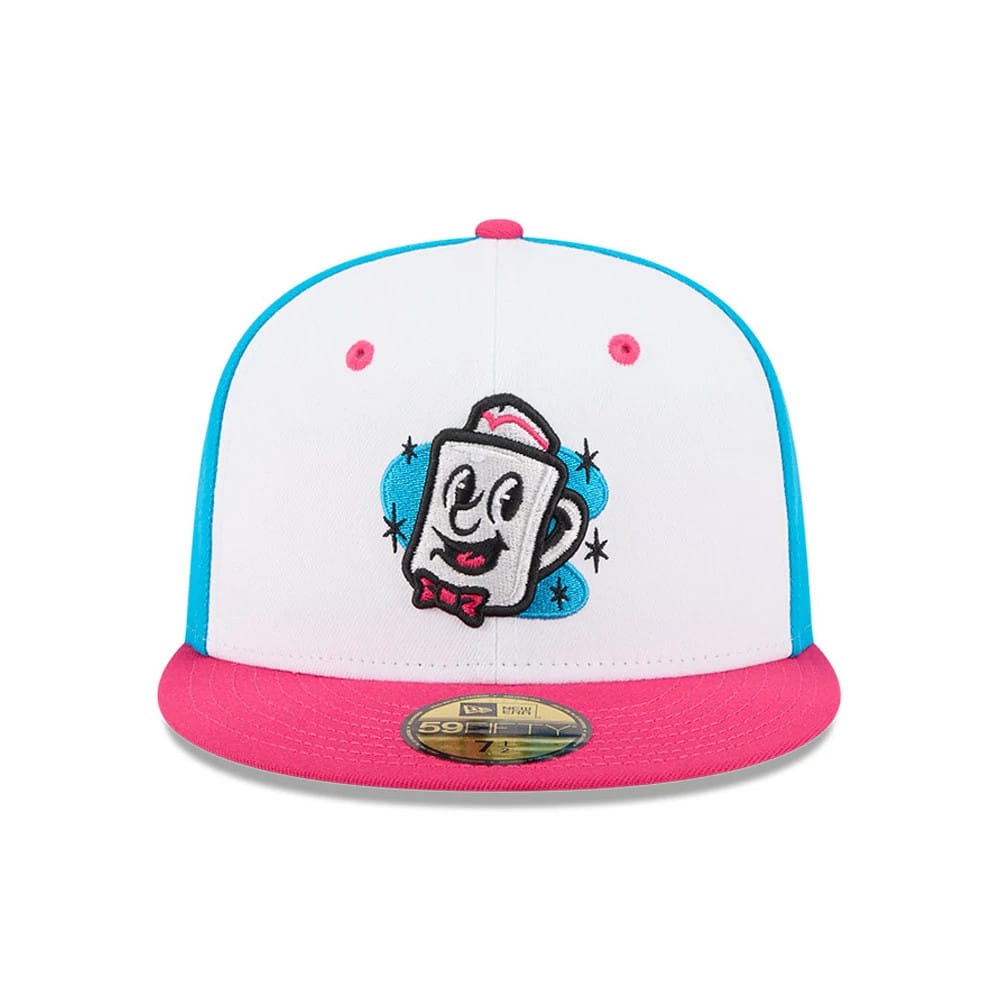 Somerset Patriots MiLB Theme Night Bright Blue New Era 59FIFTY Fitted Cap, front view showing a colourful coffee mug mascot embroidered on the white front panel, with a pink visor and gold 59FIFTY size sticker.