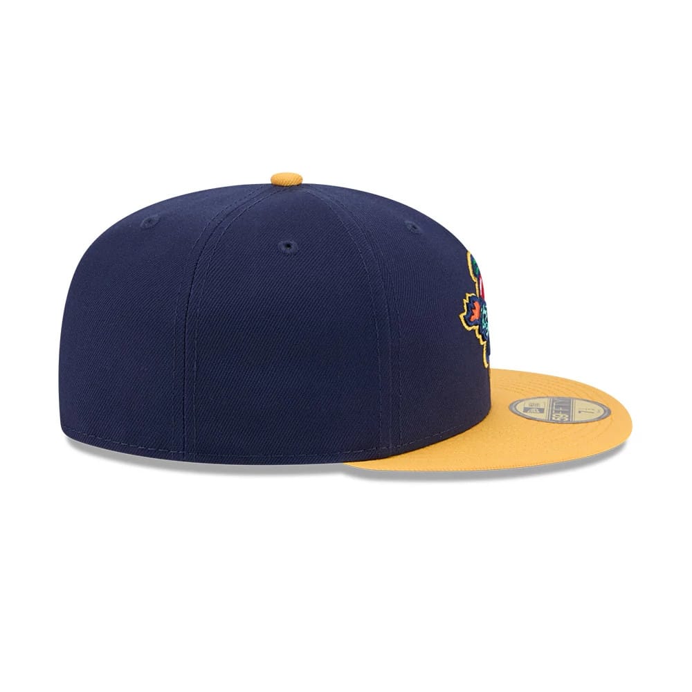 Hudson Valley Renegades MiLB Theme Night Navy New Era 59FIFTY Fitted Cap, side view showing a colourful embroidered logo on the front panel and a contrasting yellow visor with a gold 59FIFTY size sticker.