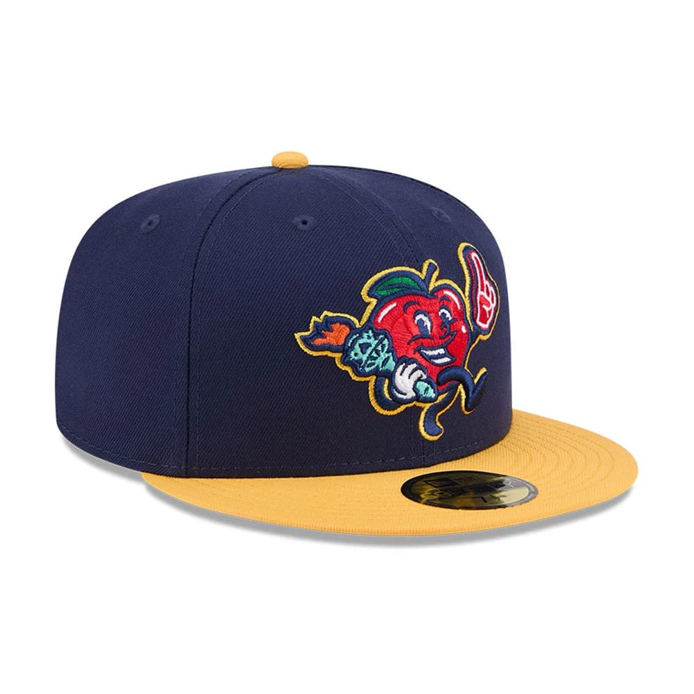 Hudson Valley Renegades MiLB Theme Night Navy New Era 59FIFTY Fitted Cap, front view with a colourful embroidered apple holding a torch on the front panel, a contrasting yellow visor and a gold 59FIFTY size sticker on top.