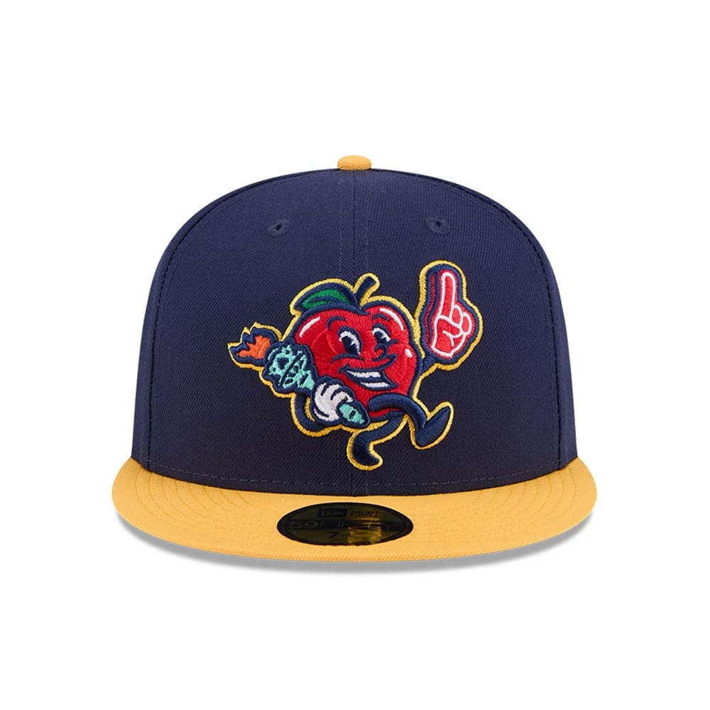 Hudson Valley Renegades MiLB Theme Night Navy New Era 59FIFTY Fitted Cap, front view showing a colourful embroidered mascot logo on the navy front panel, with a contrasting yellow visor and a gold 59FIFTY size sticker.
