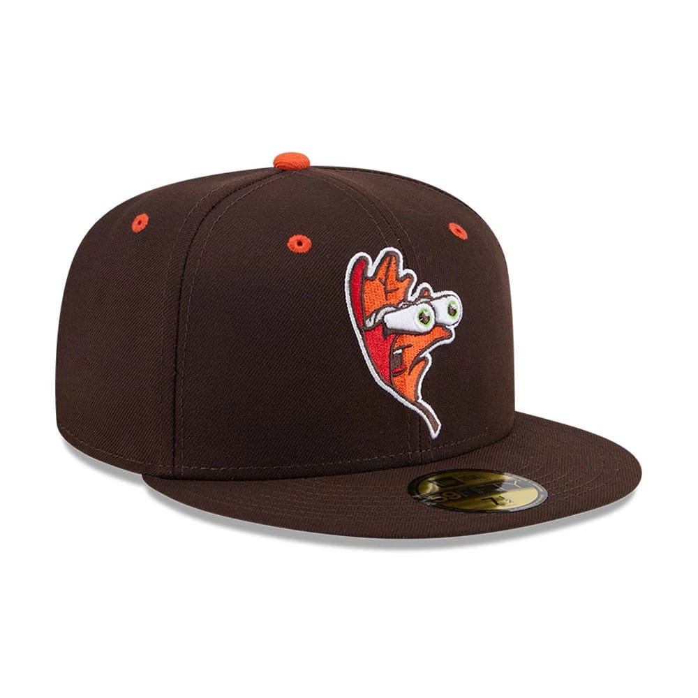Hartford Yard Goats MiLB Theme Night Dark Brown New Era 59FIFTY Fitted Cap, front view showing an orange embroidered logo with a white outline on the front panel, orange eyelets, and the gold 59FIFTY size sticker on the flat visor.