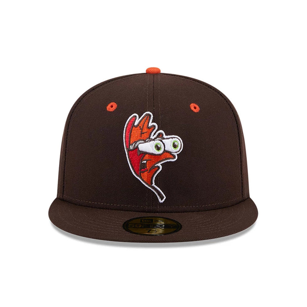 Hartford Yard Goats MiLB Theme Night Dark Brown New Era 59FIFTY Fitted Cap, front view showing a colourful cartoon face with goggles embroidered on the front panel, orange eyelets, and a gold 59FIFTY size sticker on the visor.